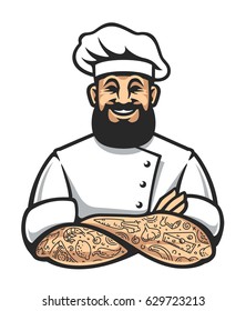 Smiling hipster chef with beard and tattoos in arms crossed pose. Stylish chef cook art isolated on white. Vector illustration.