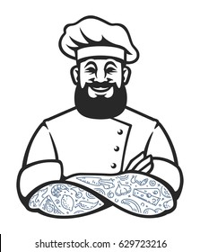 Smiling Hipster Chef With Beard And Tattoos In Arms Crossed Pose. Stylish Chef Cook Art Isolated On White. Vector Illustration.