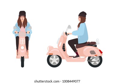 Smiling hipster girl dressed in trendy casual clothes riding pink scooter. Stylish young woman sitting on modern motor vehicle isolated on white background. Vector illustration in flat style.