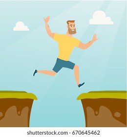 Smiling hipster man with beard jumping across the gap from one rock to another. Young caucasian sportsman jumping over rocks with a gap. Vector flat design illustration. Square layout.