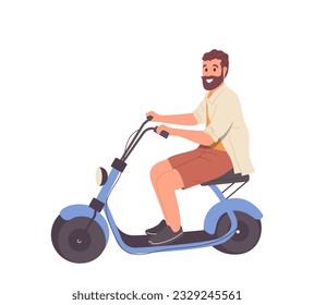 Smiling hipster man cartoon character riding speed electric scooter motorbike isolated on white