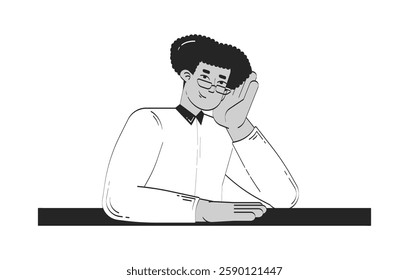 Smiling hispanic man resting on hand in business casual doodle linear character. Formal latino guy relaxed expression 2D vector outline person isolated. Hand drawn drawing illustration monochrome