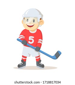 Smiling hockey player cartoon character. Colorful flat vector illustration, isolated on white background.