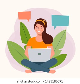 Smiling  is holding notebook isolated. Vector flat illustration