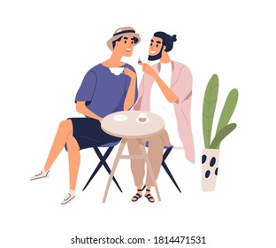 Smiling homosexual couple sit at table in cafe enjoy romantic meeting vector flat illustration. Male pair talk, drink coffee and eat dessert together isolated. Boyfriends spending time at cafeteria.