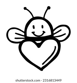 Smiling Honey Bee Holding Heart. Funny Doodle Illustration 