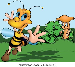 Smiling Honeybee with Blue Eyes Dancing - Colored Cartoon Illustration with Background, Vector