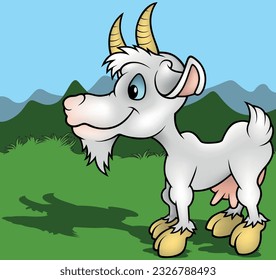 Smiling Horned Goat Standing on the Ground from Side View - Colored Cartoon Illustration with Background, Vector