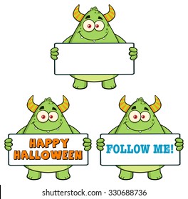 Smiling Horned Green Monster Cartoon Character Holding Sign. Vector Collection Set