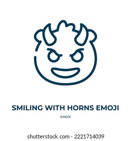 Smiling with horns emoji icon. Linear vector illustration from emoji collection. Outline smiling with horns emoji icon vector. Thin line symbol for use on web and mobile apps, logo, print media.