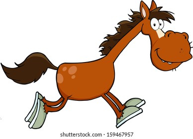 Smiling Horse Cartoon Character Running. Vector Illustration Isolated on white