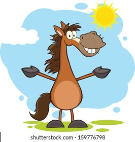 Smiling Horse Cartoon Mascot Character With Open Arms Over Landscape. Vector Illustration 