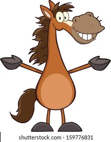 Smiling Horse Cartoon Mascot Character With Open Arms. Vector Illustration Isolated on white