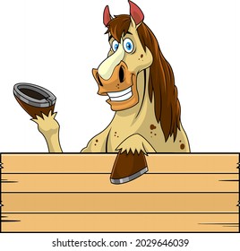 Smiling Horse Cartoon Mascot Character Over A Blank Wooden Sign Board Waving. Vector Hand Drawn Illustration Isolated On Transparent Background