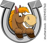Smiling Horse Head Cartoon Mascot Character In A Horseshoe. Vector Hand Drawn Illustration Isolated On Transparent Background