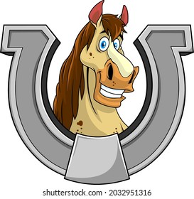 Smiling Horse Head Cartoon Mascot Character In A Horseshoe. Vector Hand Drawn Illustration Isolated On Transparent Background