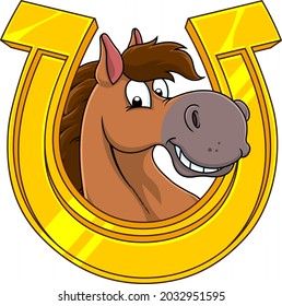 Smiling Horse Head Cartoon Mascot Character In A Golden Horseshoe. Vector Hand Drawn Illustration Isolated On Transparent Background