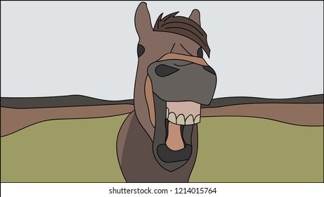 Smiling horse in pasture. Vector illustration.