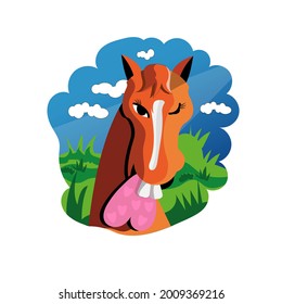 smiling horse shyly with a heart-shaped tongue. suitable for use as a t-shirt design on Valentine's Day celebrations. can also be used for horse racing company logos, for horse lover clubs