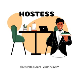 Smiling hostess in formal attire serving food in a stylish restaurant with elegant decor and warm ambiance. Hospitality and service concept