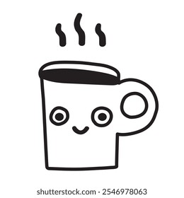 Smiling hot cup of coffee. Cute character. Outline hand drawn design. Vector isolated icon. Illustration on white background. 