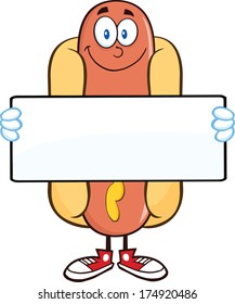 Smiling Hot Dog Cartoon Mascot Character Holding A Banner. Vector Illustration Isolated on white