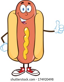 Smiling Hot Dog Cartoon Mascot Character Showing A Thumb Up. Vector Illustration Isolated on white