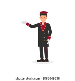 Smiling hotel doorman in uniform coat, cap and gloves. Employee of hotel service. Colorful flat vector illustration