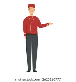 Smiling hotel porter gesturing with hand for welcoming in uniform