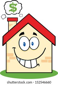 Smiling House Cartoon Mascot Character With Smoke Cloud And Dollar Sign