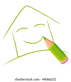 Casa sonriente dibujada a mano para conceptos ecológicos o inmobiliarios. Ilustración vectorial.