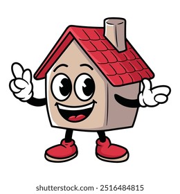 Mascote da casa sorridente com telhado vermelho e ilustração da chaminé