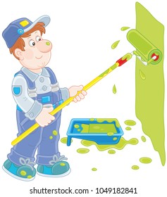 Smiling house painter coloring a wall with a paint roller, a  vector illustration in cartoon style