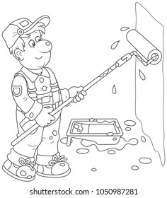 Smiling house painter coloring a wall with a paint roller, a black and white vector illustration in cartoon style for a coloring book