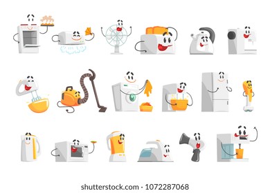 Smiling household appliances set for label design. Colorful detailed vector Illustrations