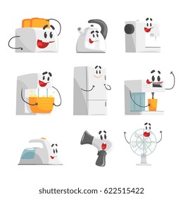 Smiling household appliances set for label design. Home electrical equipment as cartoon characters. Colorful detailed vector Illustrations