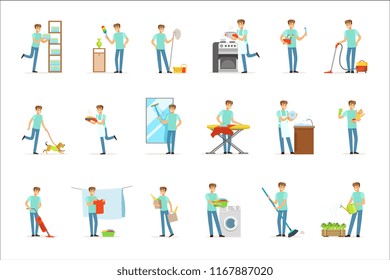 Smiling househusbands washing, cooking, cleaning and shopping. Set of colorful cartoon detailed vector Illustrations