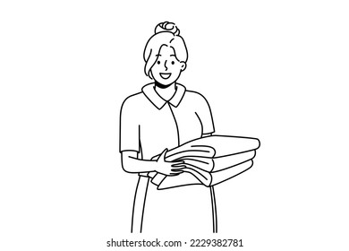 Smiling housekeeper in uniform holding stack of towels. Happy female housemaid or janitor working in hotel. Housekeeping concept. Vector illustration. 