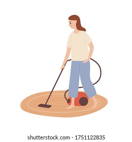 Smiling housewife cleaning carpet with vacuum cleaner vector flat illustration. Happy young woman doing housework isolated on white background. Domestic female cleanup dirt and dust on floor at home