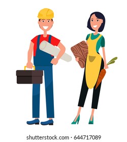 Smiling housewife and constructor. Woman in apron holds carrot and cutting board. Builder with roll of paper and tool box nearby vector