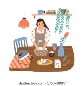 Cocina sonriente de ama de casa en una acogedora ilustración plana vectorial de cocina. Mujer doméstica feliz en delantal mezclando ingredientes preparando masa aislada con fondo blanco. Comida femenina alegre