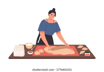 Smiling housewife preparing dough use rolling pin on kitchen table vector flat illustration. Happy female cooking croissant with jam filling isolated on white. Preparation homemade baking