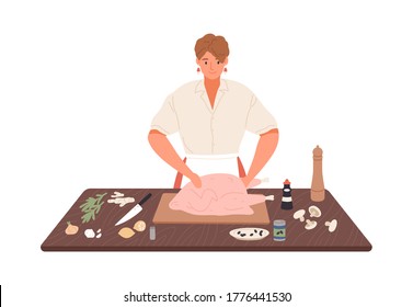 Un ama de casa sonriente preparando pavo en la mesa de cocina vectorial ilustración plana. Mujer feliz cocinando comida con especias y hierbas aisladas en blanco. Femenina en la comida de preparación de delantal al Día de Acción de Gracias