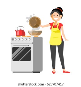 Smiling housewife standing near cooker prepares dishes colorful picture