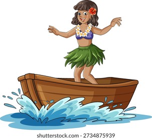 Smiling hula dancer balances on wooden boat, tropical attire, cartoon vector, white background