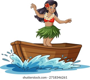 Lächelnder Hula-Tänzer im Grasrock balanciert auf Holzboot, Cartoon-Vektor, helle Farben