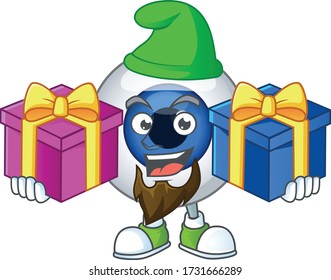 A smiling human eye ball cartoon design having Christmas gifts