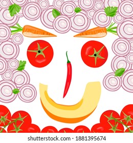 A smiling human face made of various vegetables: onions, tomatoes, carrots, chili peppers and pumpkins. Vector drawing.