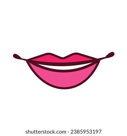 Smiling human female women lips with reddish pink colored lipstick isolated vector icon on square white background. Simple flat cartoon art styled drawing.