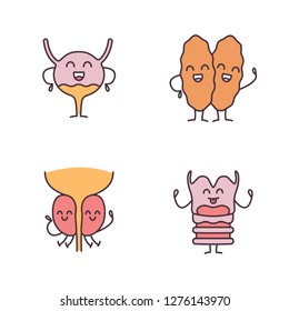 Smiling human internal organs characters color icons set. Larynx, thymus gland, prostate, urinary bladder. Healthy urinary, immune, reproductive, respiratory systems. Isolated vector illustrations